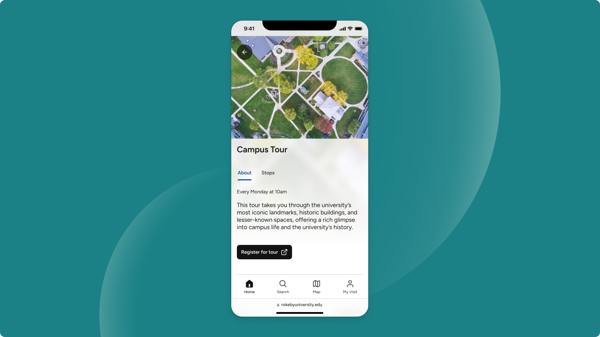 Campus tour feature in the Pladia app showing university landmarks, tour time, and registration options on mobile
