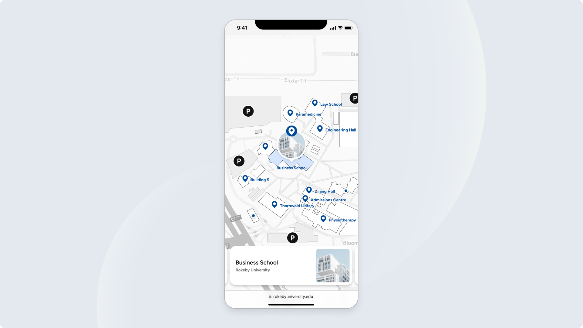 Digital campus map on a mobile phone showing university buildings and pins for navigation using Pladia’s wayfinding software