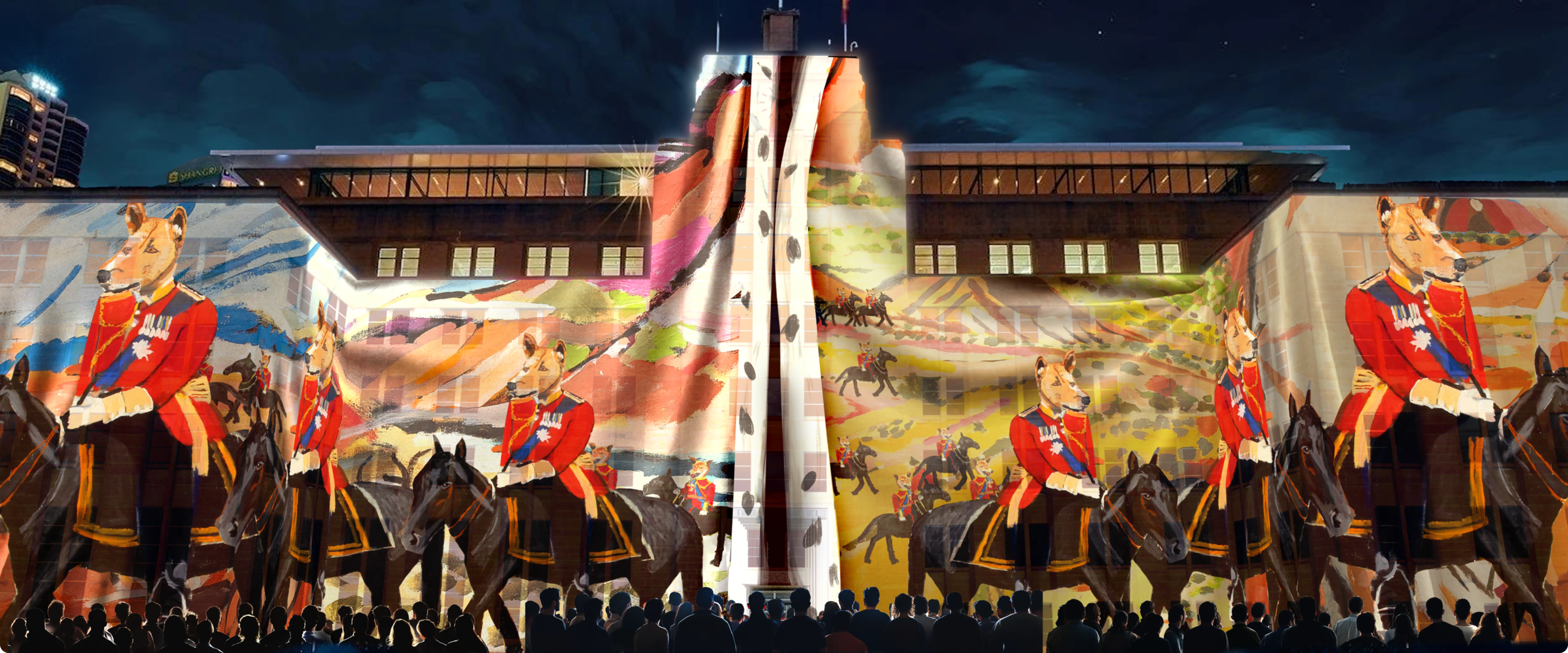 Crowd watching a large-scale projection artwork on the façade of the Museum of Contemporary Art Australia, featuring Vincent Namatjira’s painting of uniformed dingoes on horseback, presented during Vivid Sydney 2025.