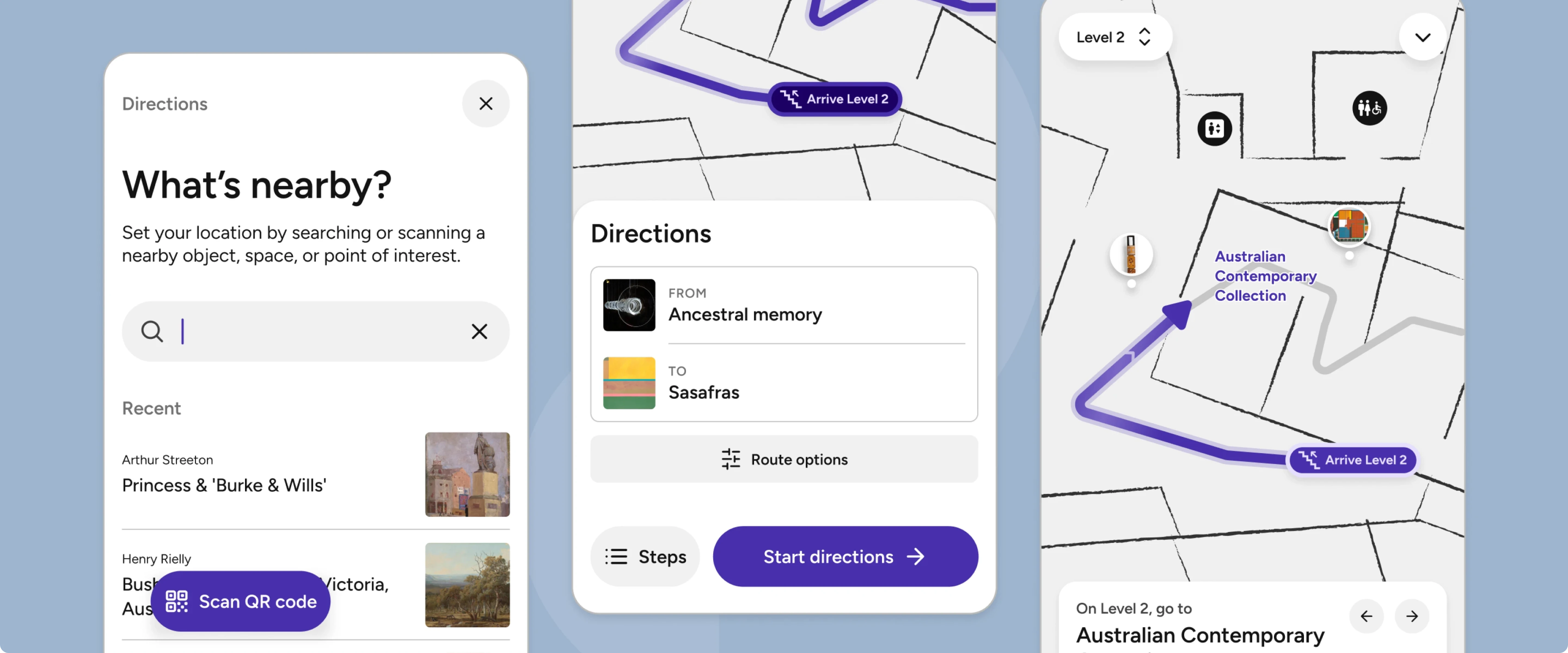 Screenshots of a wayfinding app showing a museum floor plan and navigation path, emphasizing digital directions and nearby content.