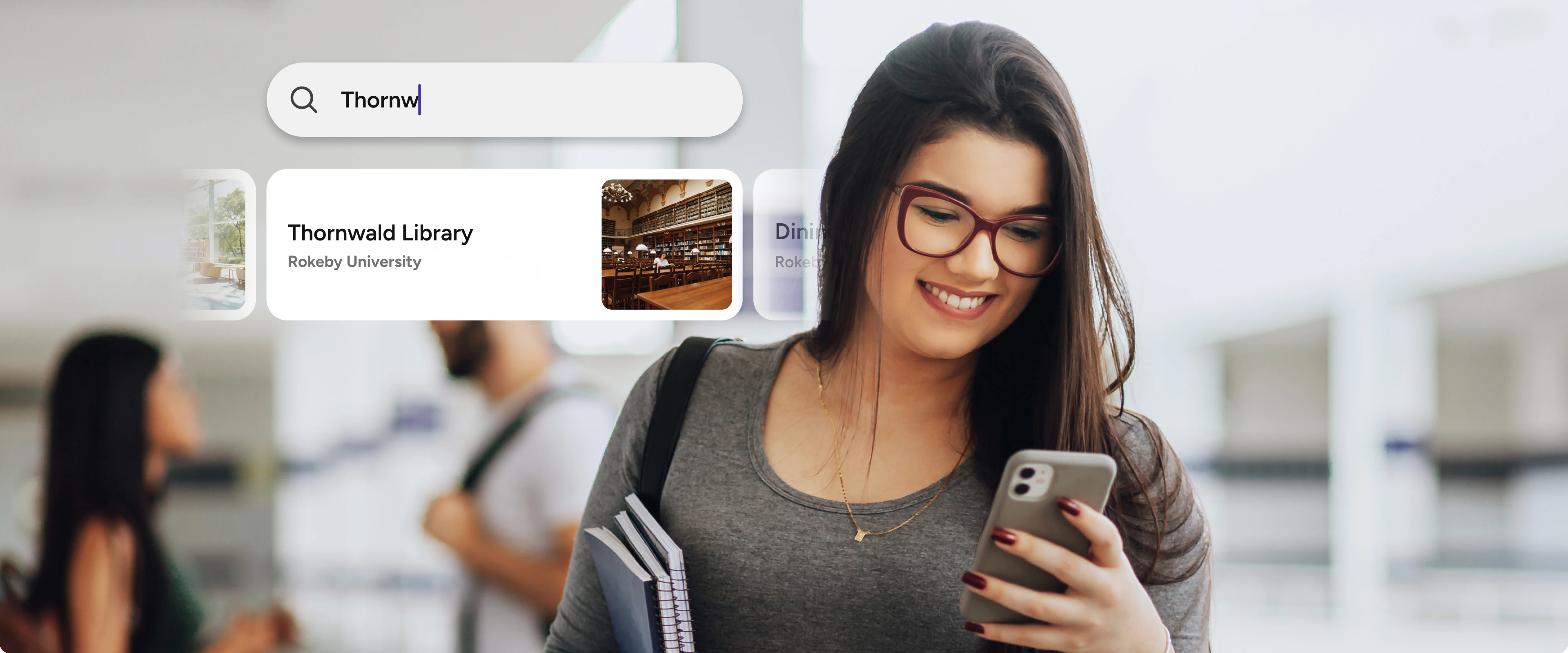 A student holding a phone and smiling in a university setting, with a digital overlay showing a search bar and wayfinding directions.