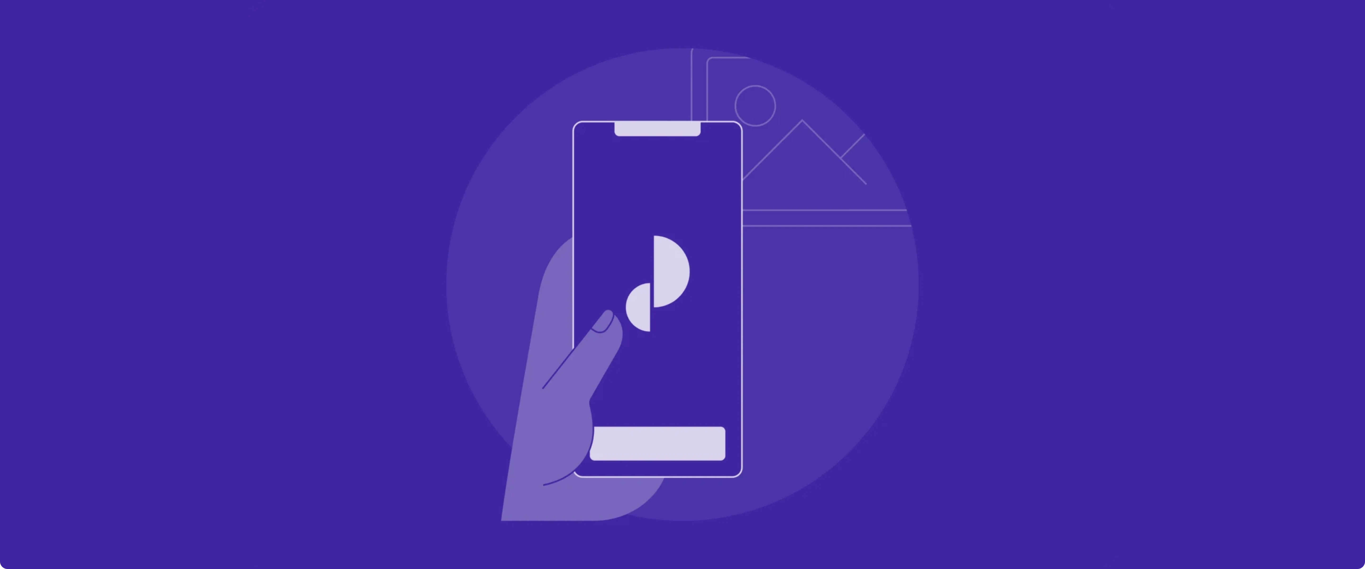 Stylized illustration of a hand tapping on a smartphone screen with the Pladia logo, set against a purple background.