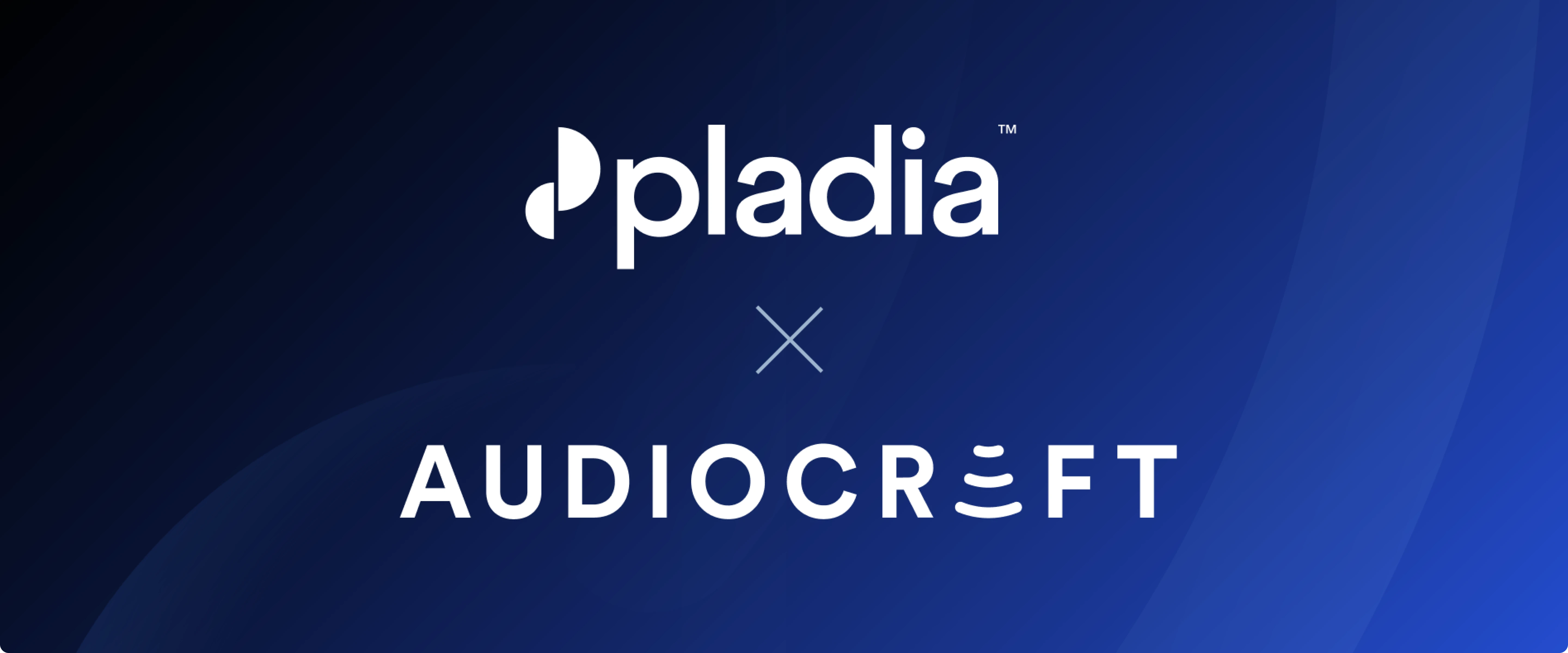 Logos of Pladia and Audiocraft on a blue gradient background, highlighting a new partnership announcement.