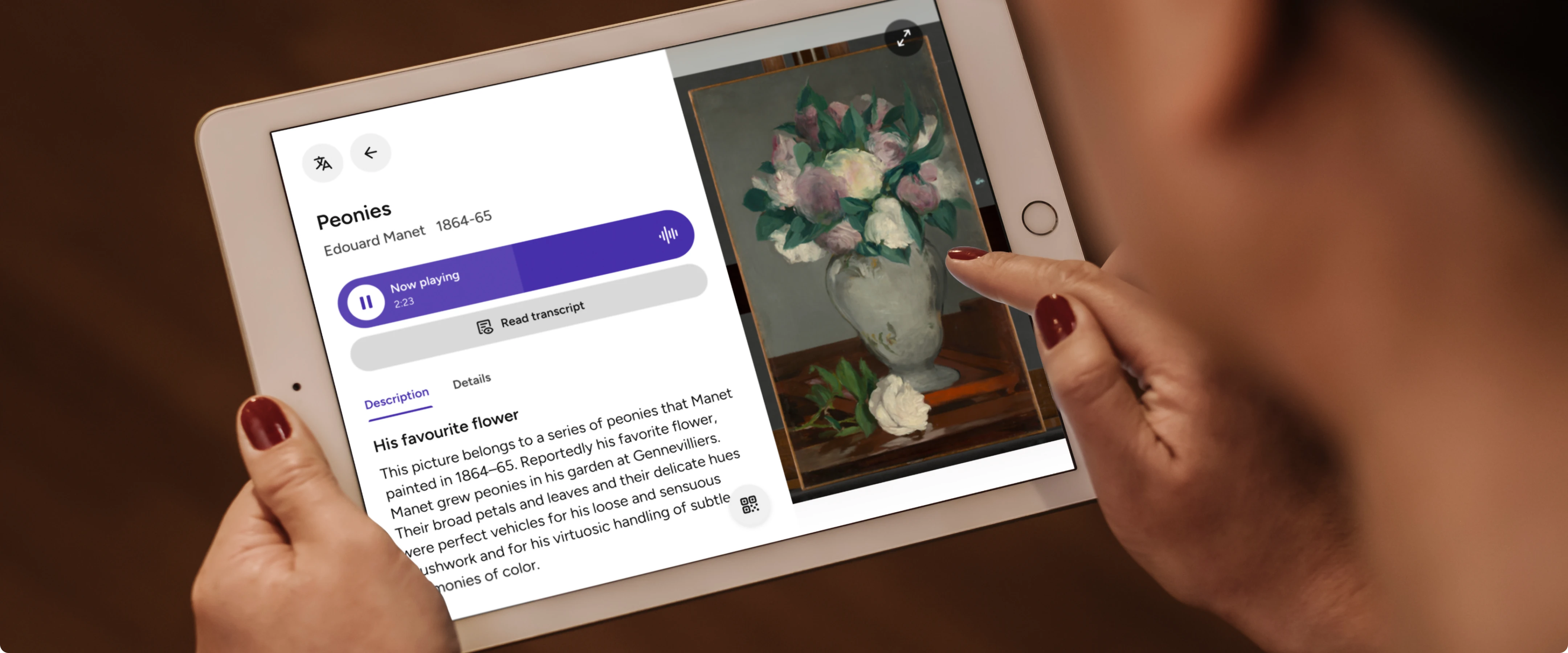 A person holding a tablet displaying a digital object label for Edouard Manet’s painting Peonies, showing artwork details, an audio guide in progress, and an image of the painting on screen.