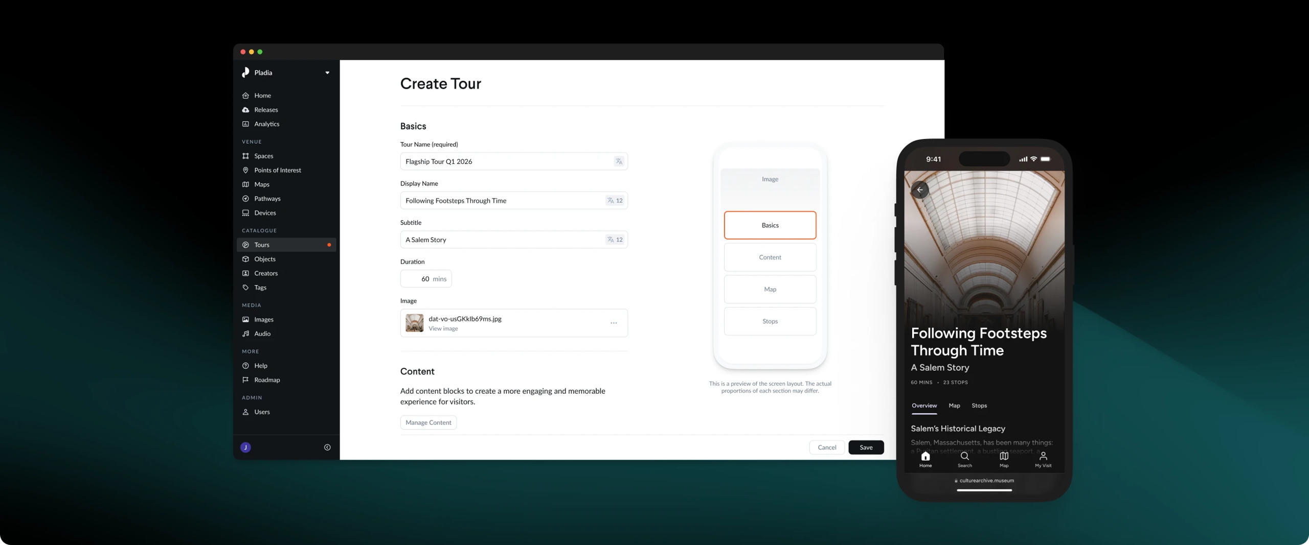 Screenshot of Pladia’s Empower digital tour builder showing the “Create Tour” interface and mobile preview of a tour titled “Following Footsteps Through Time.” The platform enables museums and cultural institutions to design, manage, and publish interactive mobile tours through a progressive web app.
