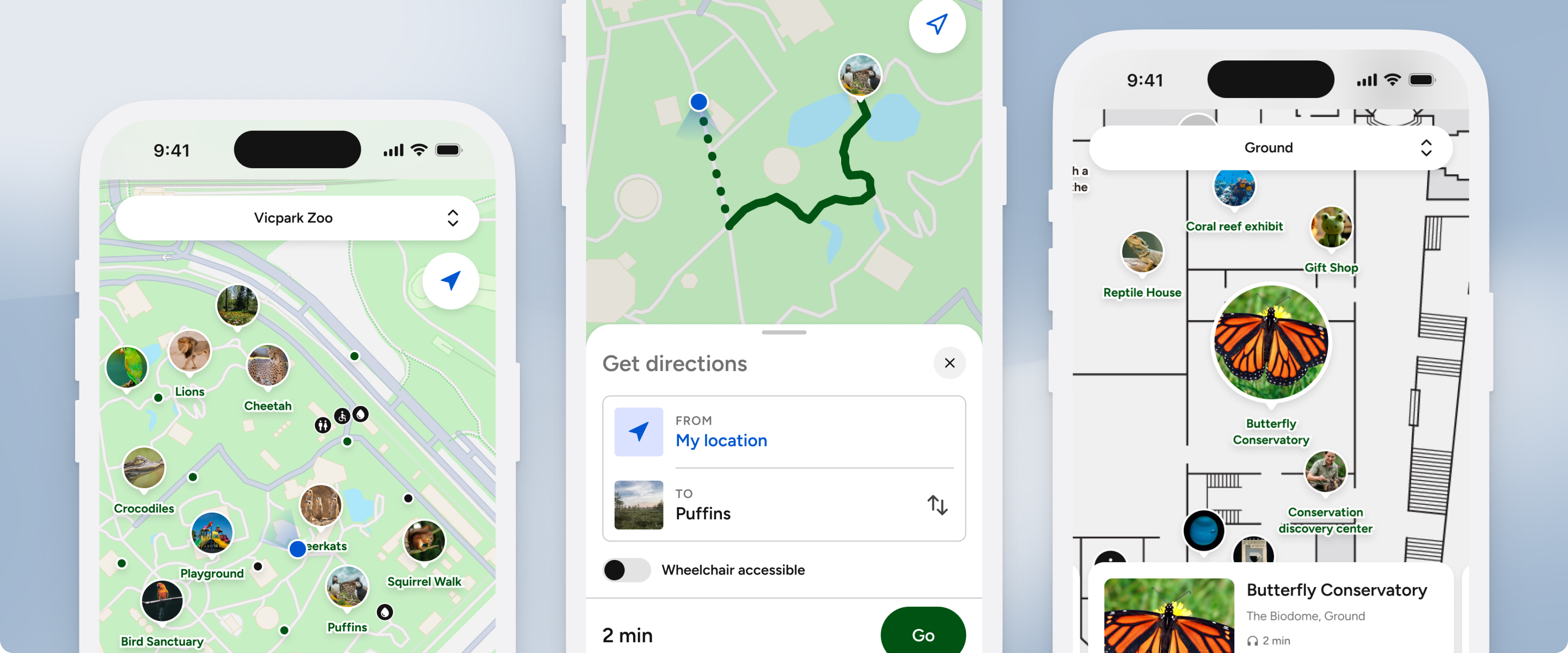 Mobile UI showing indoor and outdoor navigation in one map, with a zoo site map, a route across outdoor paths, and an indoor floor plan with locations and directions.