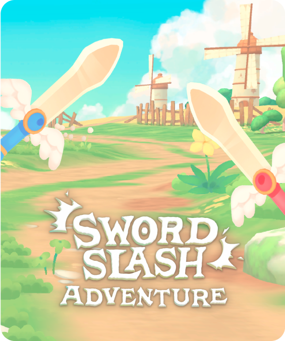 Image of a whimsical world with windmills and two flying swords (one blue, one red) with text "Sword Slash Adventure" in white - coming to Playground + Play Pass this summer.