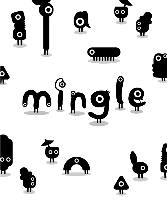 Image of quirky black monsters with white eyes on white background, with some monsters spelling out "Mingle" - coming this summer to Nex Playground.