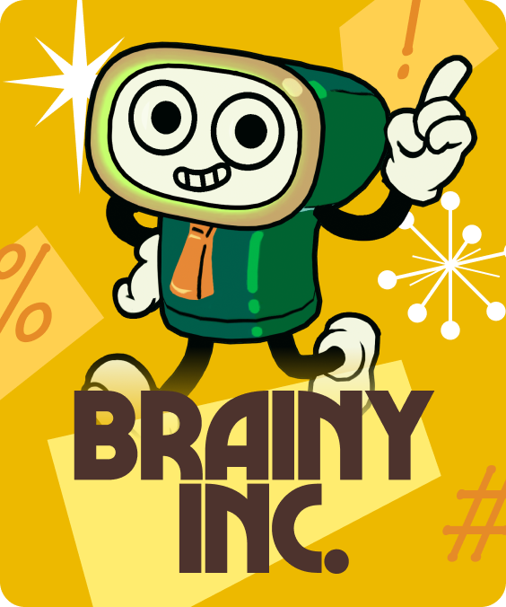 Image of green TV-style robot on yellow background with text "Brainy Inc." - a new trivia game coming this summer to Play Pass.