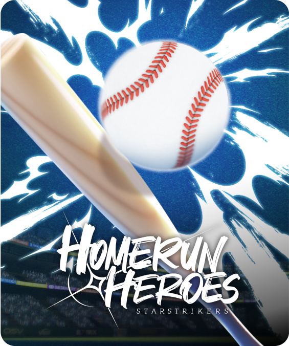 Baseball bat striking a baseball on dark blue background with white lightening and text "Homerun Heroes: Starstrikers" coming this summer to Play Pass