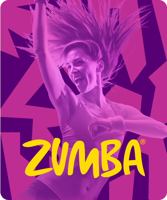 Image of woman smiling and dancing, hair flying on pink and purple background with text "Zumba" in yellow, coming to Nex Playground + Play Pass this summer.