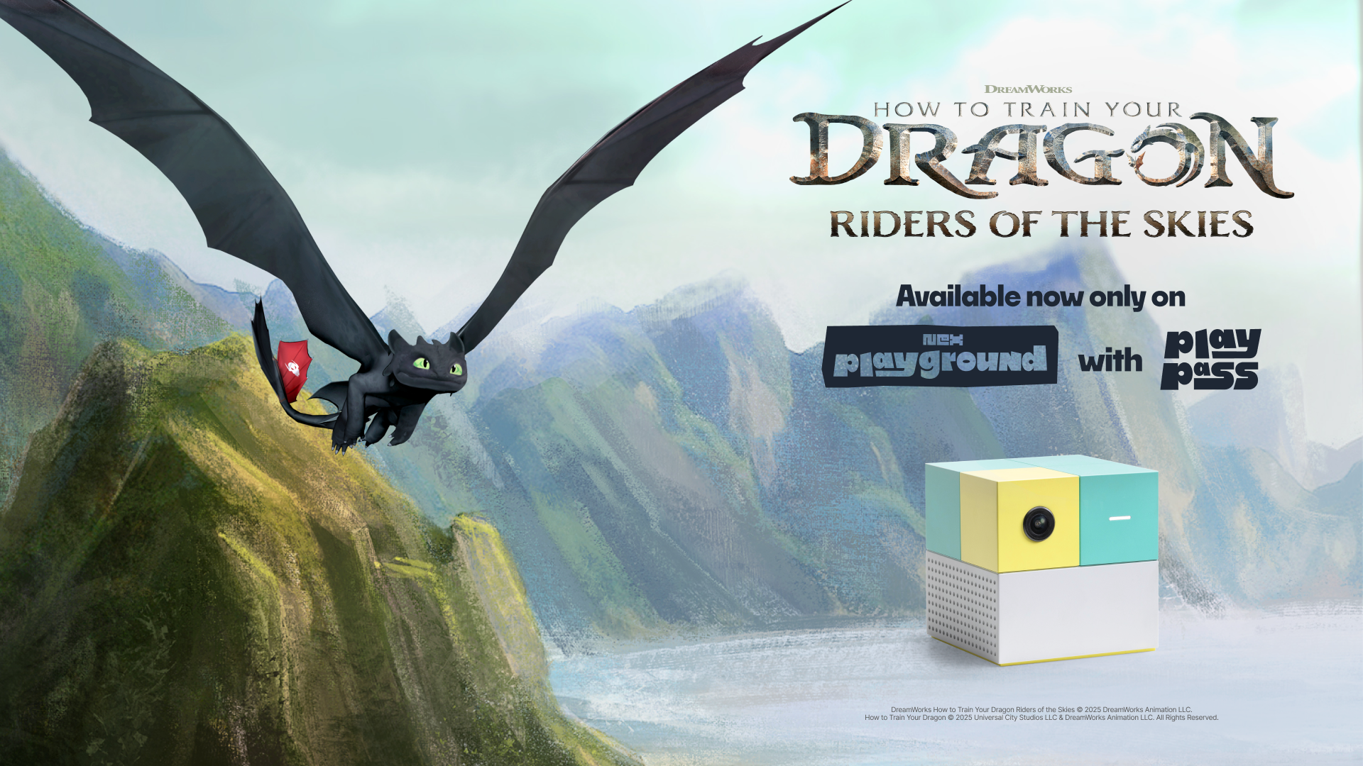 Toothless flying with a rugged mountain and ocean in the background, featuring a Nex Playground and the game logo