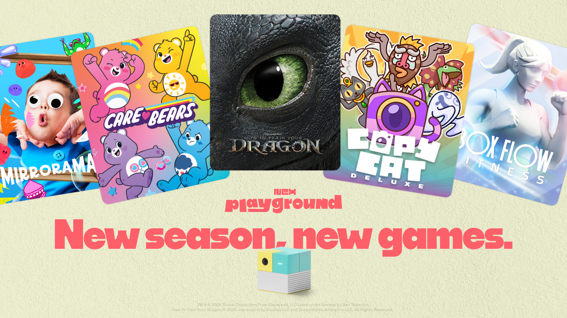 Nex Playground Spring Lineup - image of game tiles for How To Train Your Dragon, Care Bears, BoxFlow Fitness, Mirrorama, and Copy Cat Deluxe with text "New Season, New Games."