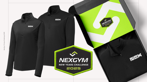 NexGym New Years Challenge reward - featuring Men's or Women's Black pullover and challenge patch with green and white NexGym logo