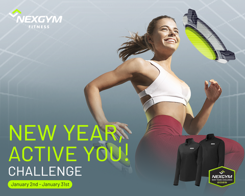 Nex Gym New Year, Active You Challenge image with woman smiling in running pose.