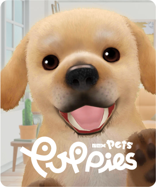 Image of virtual golden lab puppy looking happy with text "NexPets: Puppies" cooming soon to Nex Playground