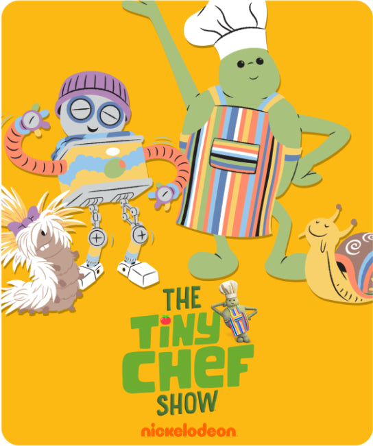 Image of Tiny Chef from his show on yellow background, announcing the cozy cooking game coming soon to Nex Playground + Play Pass