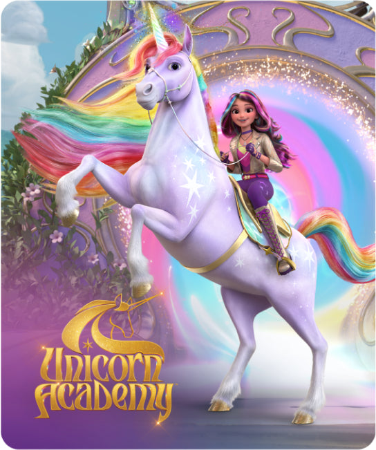 Image of girl riding a unicorn with rainbow hair and text "Unicorn Academy", a new Nex Playground game inspired by the TV show is coming soon.