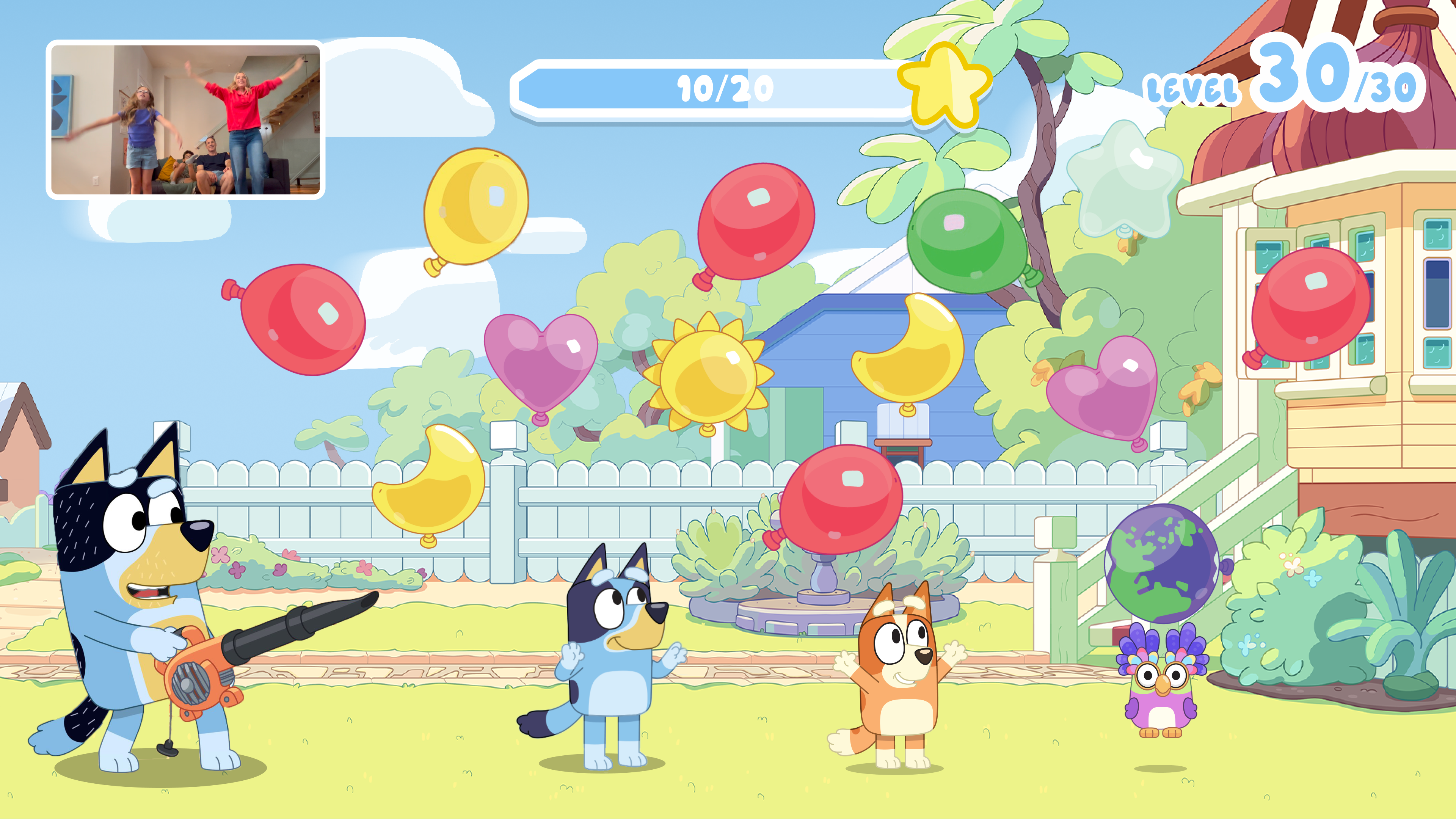 Image of Bluey, Bingo, and Bandit from the Bluey: Bust-a-Move mini-game Keepy Uppy, only on Nex Playground with Play Pass.