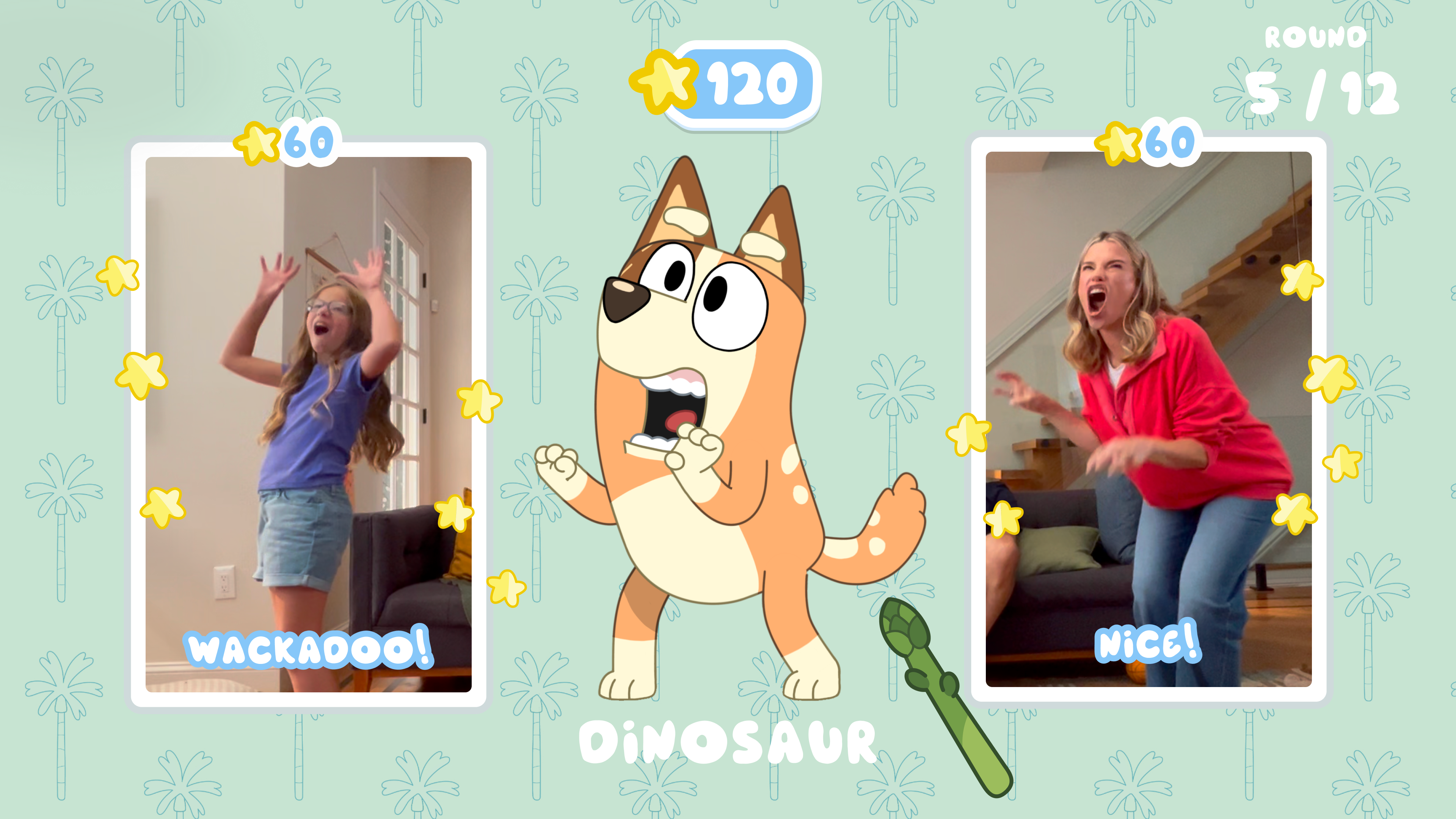 Screenshot from Magic Asparagus of Chilli in a dino pose, from Bluey: Bust-a-Move, a new Bluey video game on Nex Playground with Play Pass.