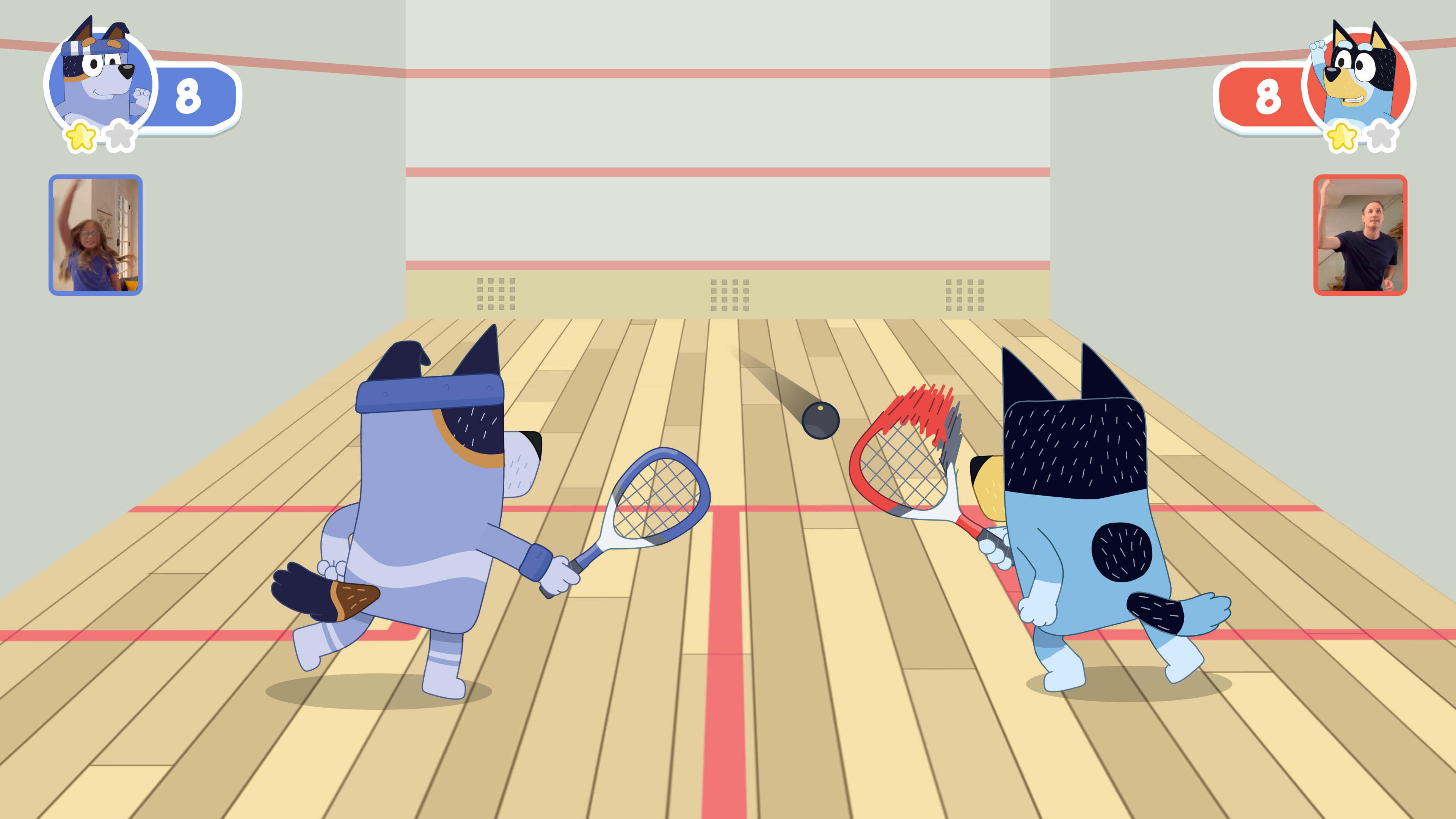 Screenshot from Squash, one minigame featured in Bluey: Bust-a-Move, a new active Bluey game on Playground with Play Pass.