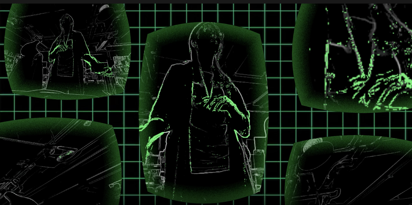 Image of one new filter in Mirrorama, showing green security camera style footage. This filter is part of the Nex Playground Halloween game updates.