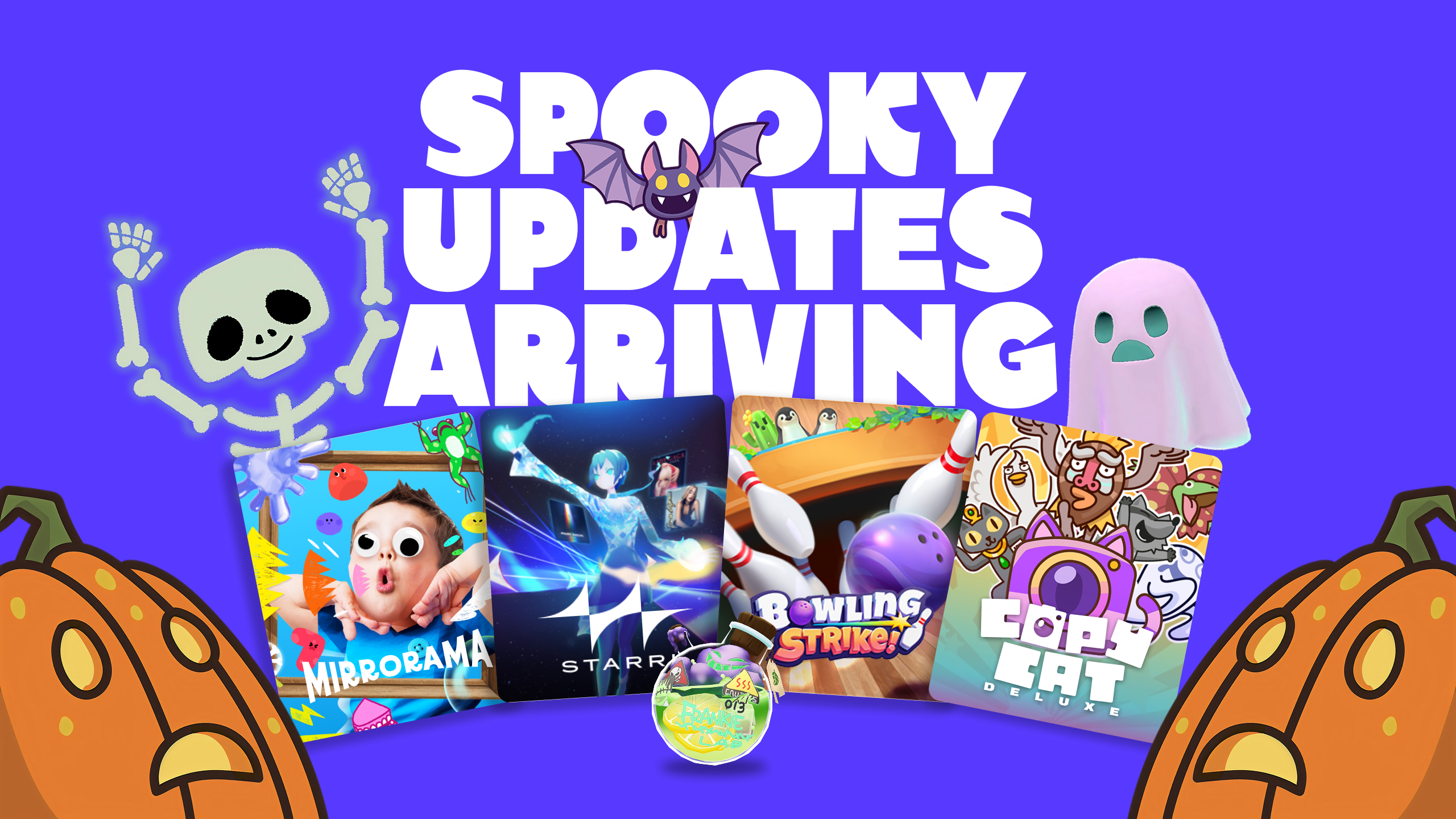 White text "Spooky Updates Arriving" on purple background with jack-o-lanterns and game tile images for Mirrorama, Starri, Bowling Strike!, and Copy Cat Deluxe