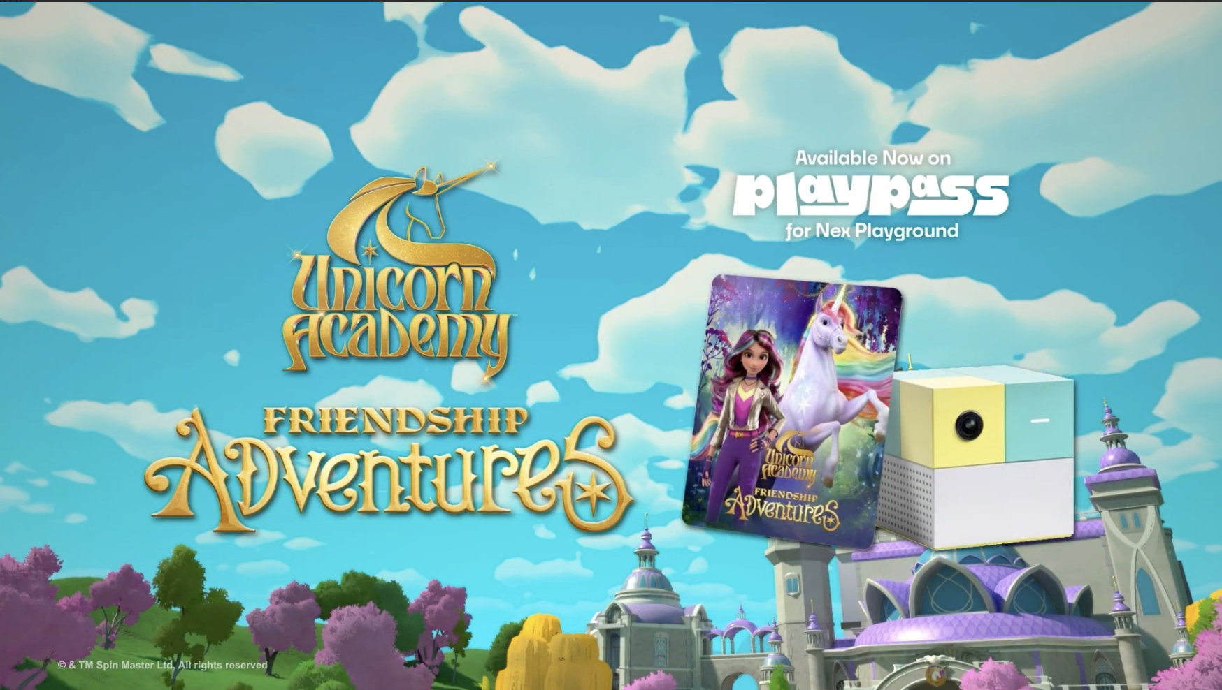 Image of Unicorn Academy: Friendship Adventures game tile on sky background with text "Available now on Play Pass for Nex Playground".