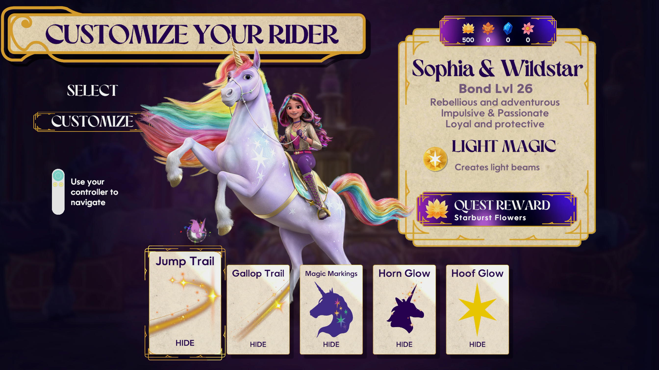 An image of the Rider Customization screen from Unicorn Academy: Friendship Adventures, where you can explore the available cosmetics.