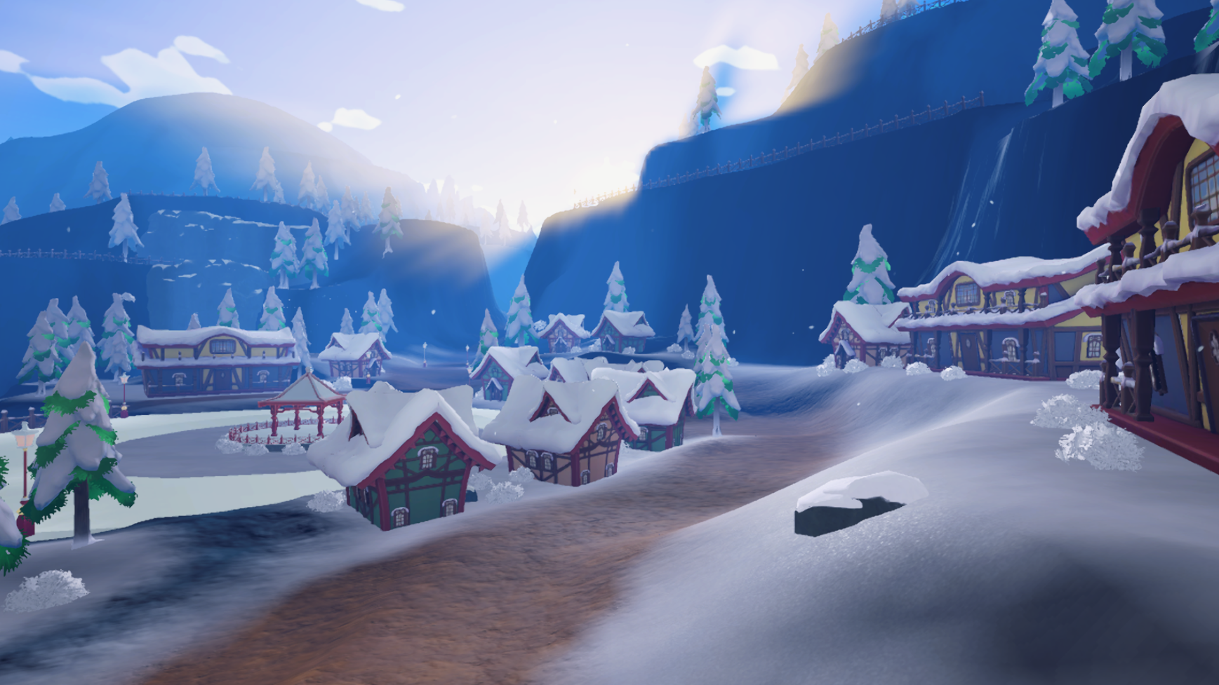 An image of the snowy village in the new Unicorn Academy game update.