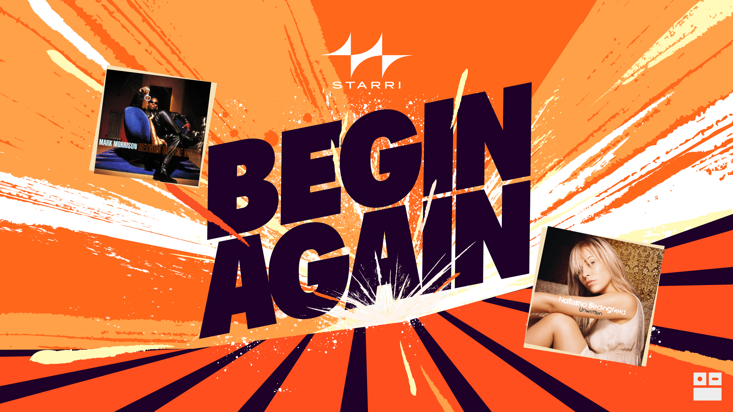 "Begin Again" in large text on orange background with album images from the 2 songs included in that update.