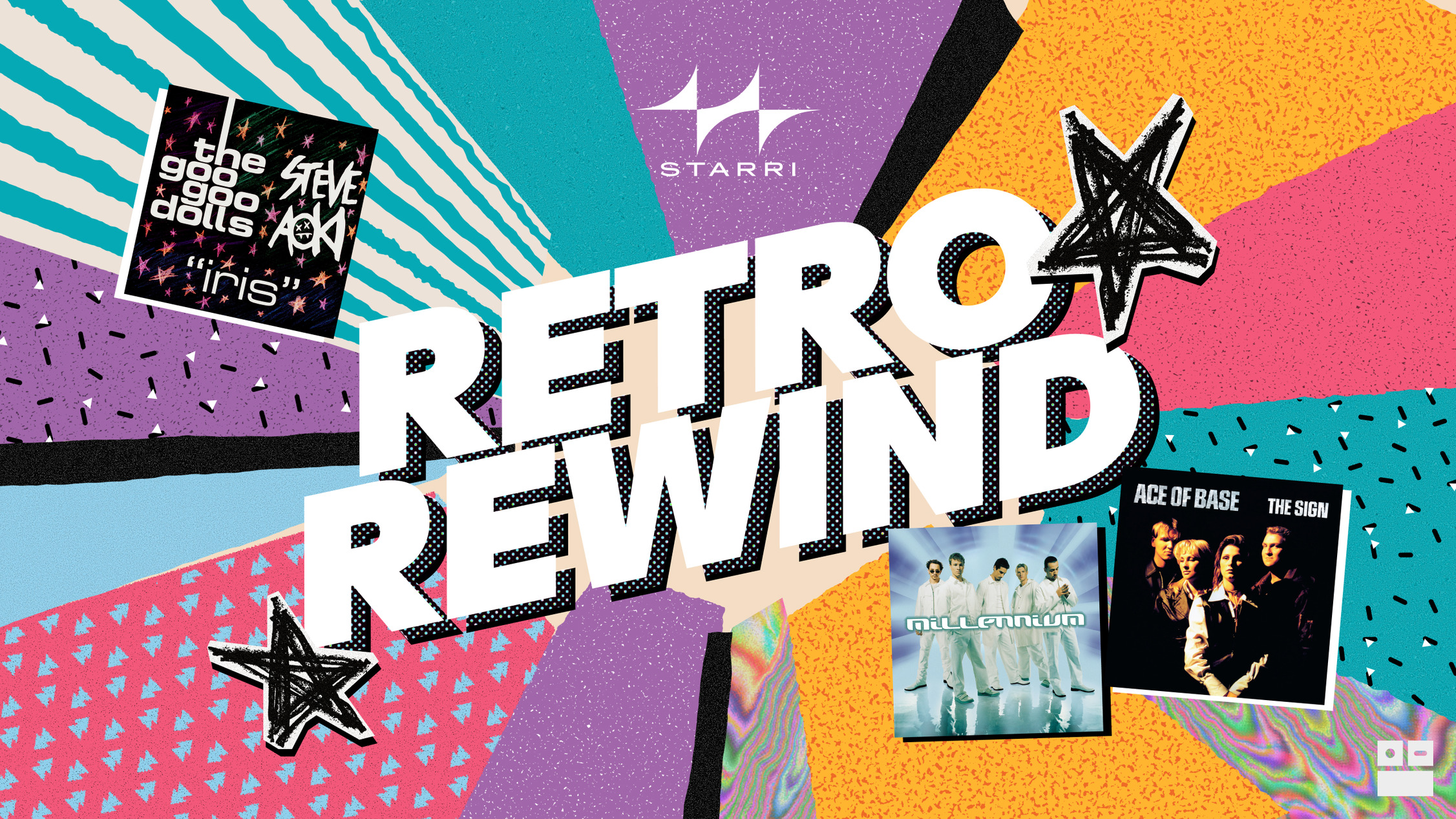 "Retro Rewind" in large white letters on multi-color background with album images from the 3 songs included in that update.