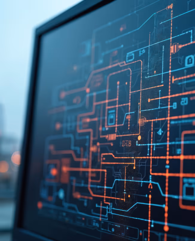 Close-up of a digital screen displaying a complex network diagram with interconnected red and blue lines and nodes.