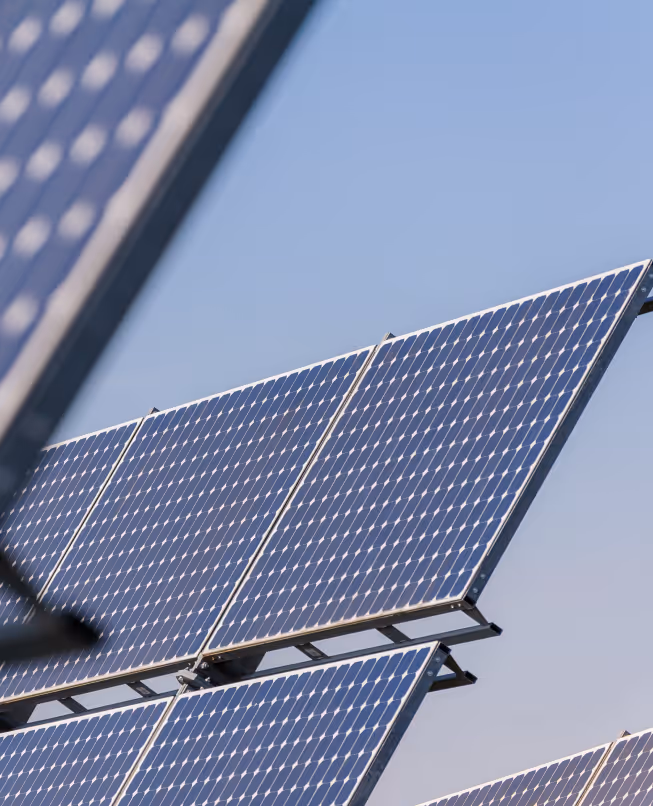 Close-up of angled solar panels under clear blue sky.