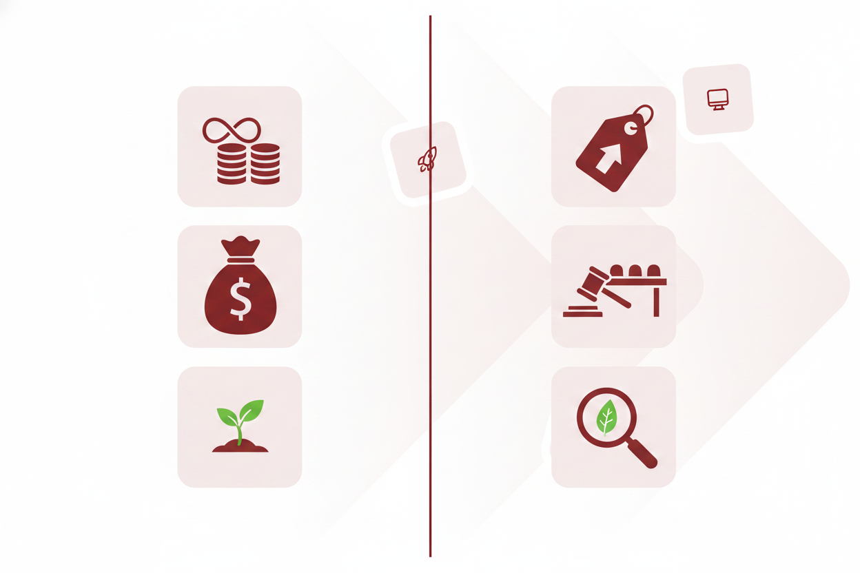 Icons compare benefits like patient capital with cautions like valuation pressure, governance demands and ESG scrutiny.