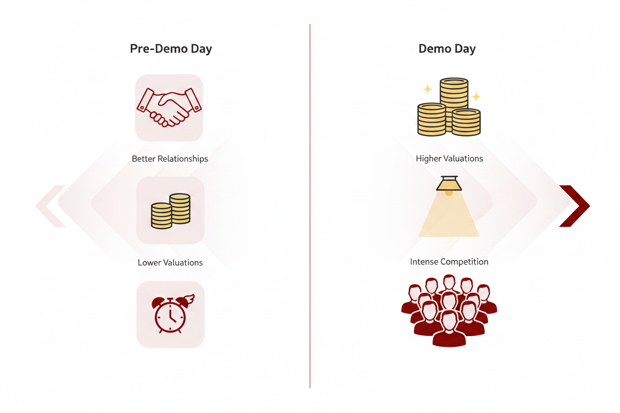 Side-by-side icons comparing pre-Demo Day advantages to Demo Day tradeoffs for alumni funds