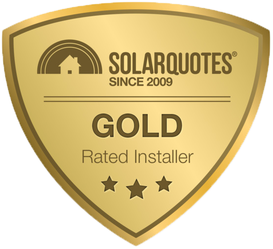 Gold badge with SolarQuotes logo and text indicating Gold Rated Installer since 2009 with three stars.