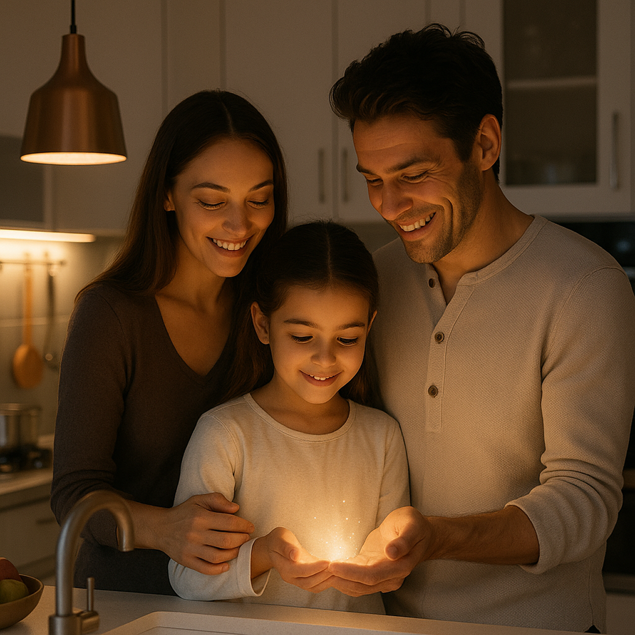 family holding lamp