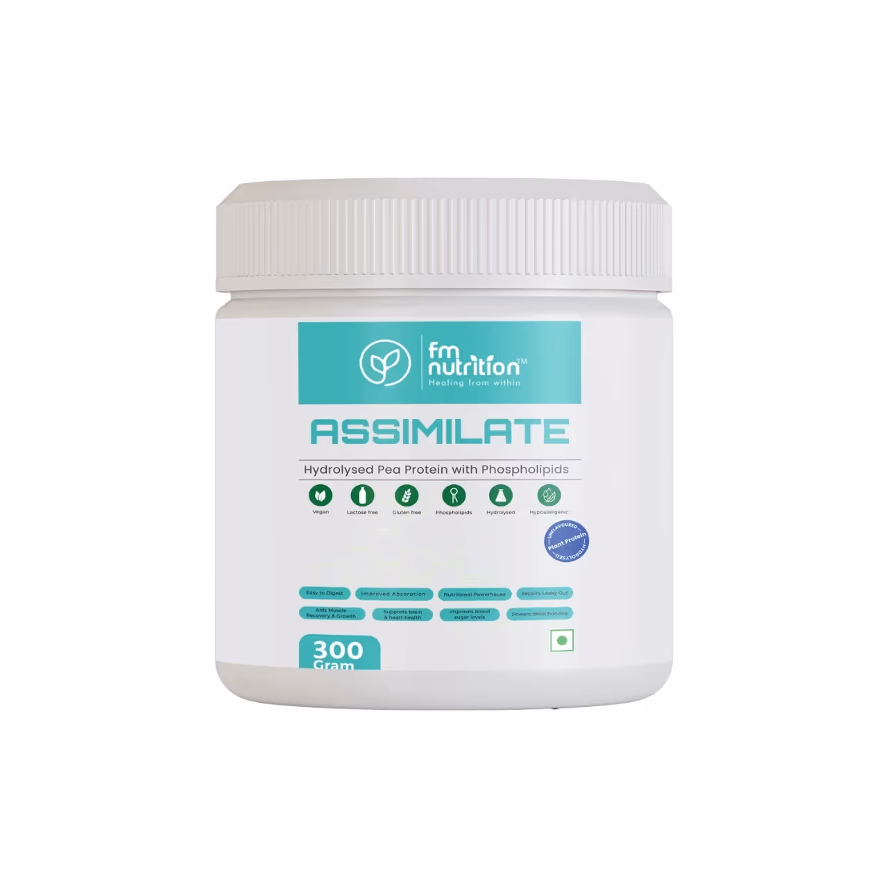 A box of FM Nutrition Assimilate Protein Unflavored featuring the benefits & unique features of the product.