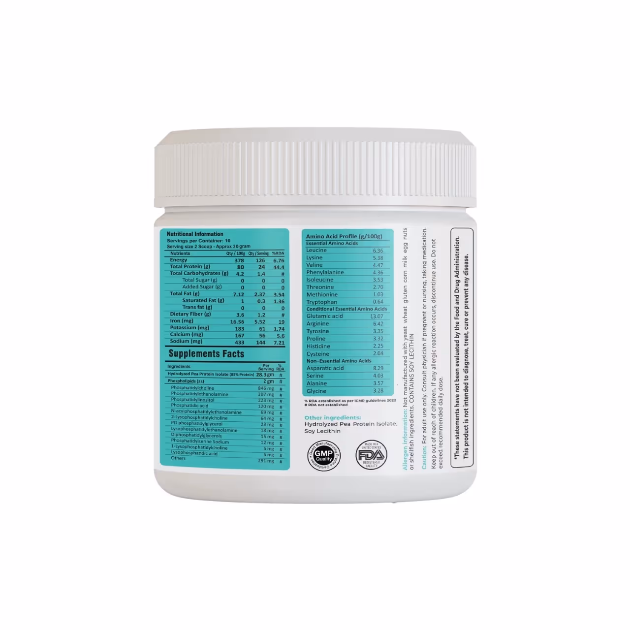 The back cover of a box of FM Nutrition Assimilate Protein Unflavored featuring the list of ingredients.