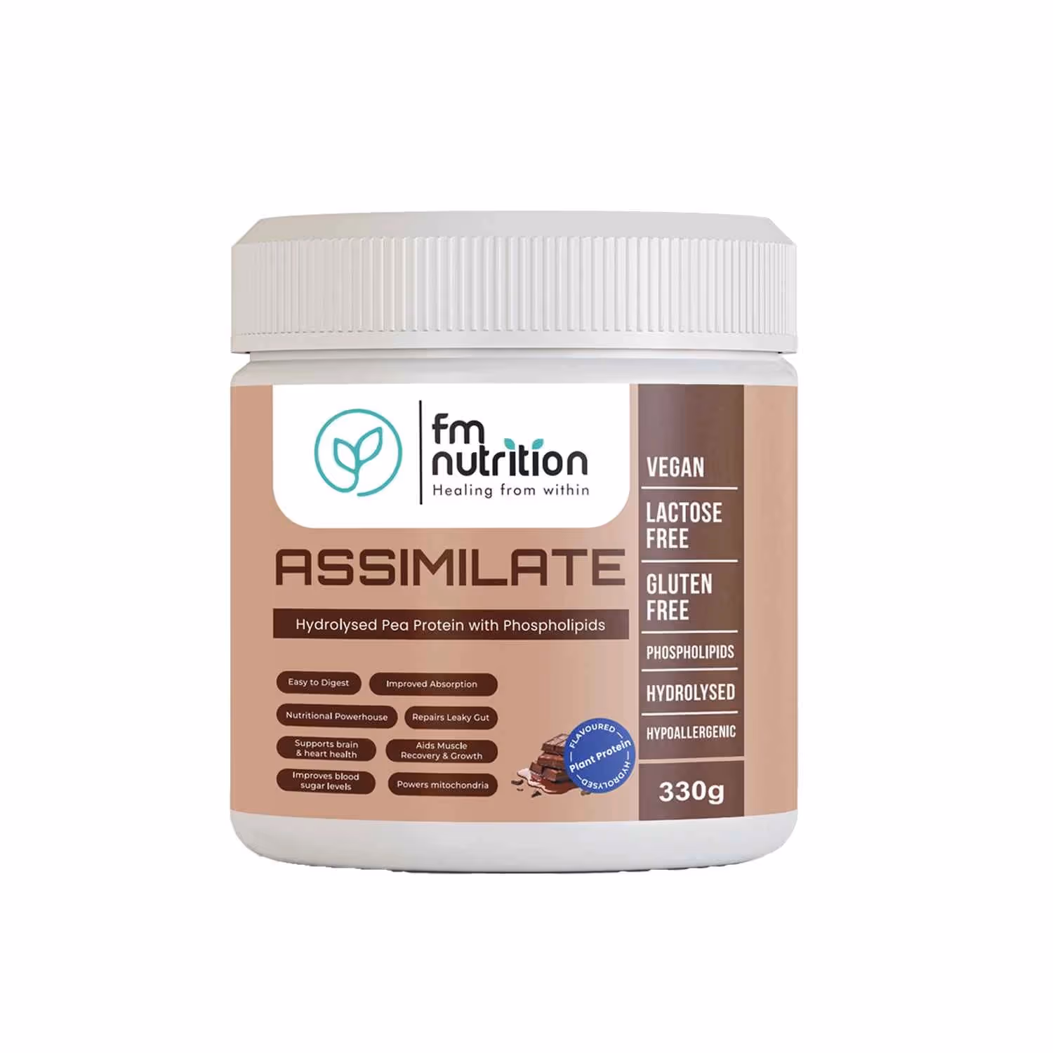 A box of FM Nutrition Assimilate Protein Chocolate featuring the benefits of the product.