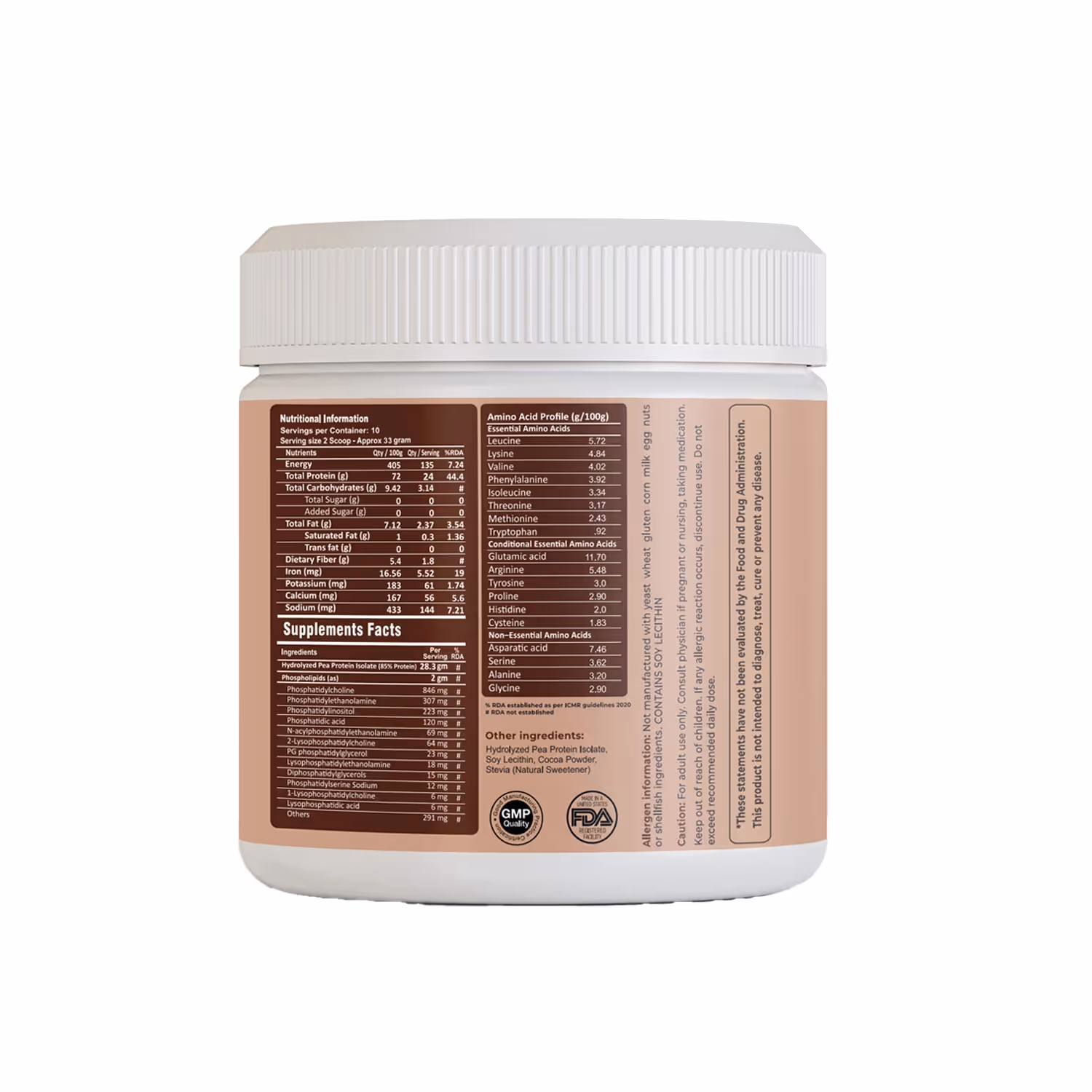 The backcover of a box of FM Nutrition Assimilate Protein Chocolate featuring the list of ingredients.