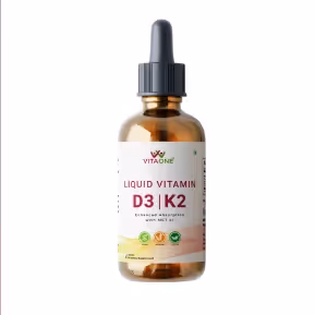 VitaOne Liquid Vitamin D glass bottle with a dropper cap.
