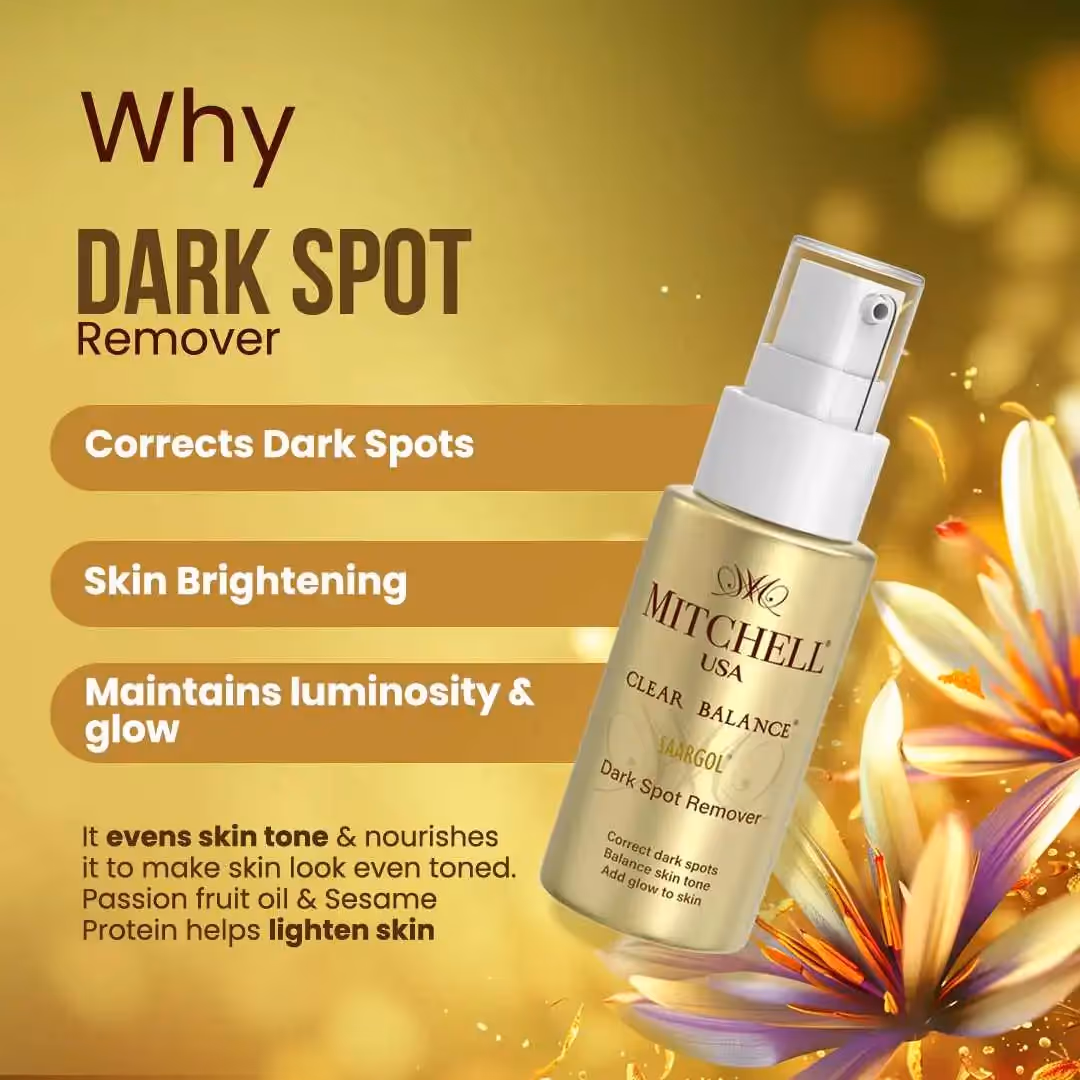 A Pump bottle of Mitchell USA Clear Balance Saargol Dark Spot Remover with an explanation on the need of Dark Spot Remover