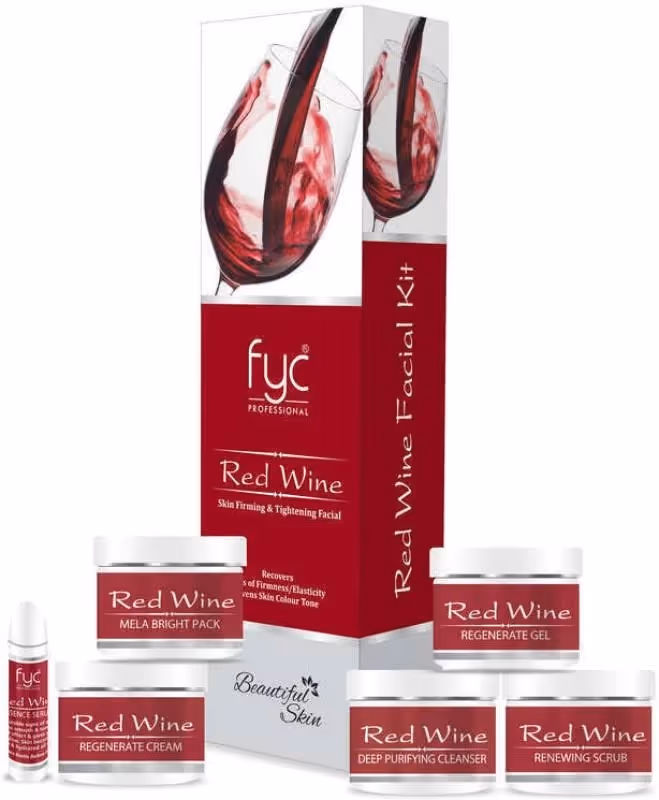 A Red & White Large box of fyc Red Wine Skin Firming and Tightening Facial with smaller individual box contents.