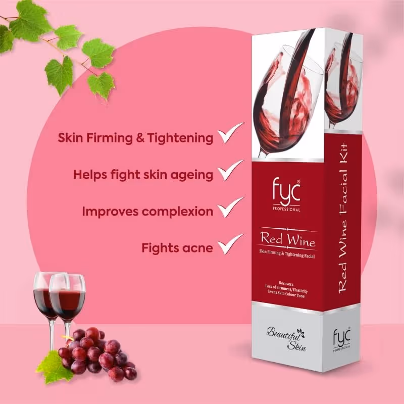 The front cover of fyc Red Wine Skin Firming and Tightening Facial with points explaining the benefits of the kit.