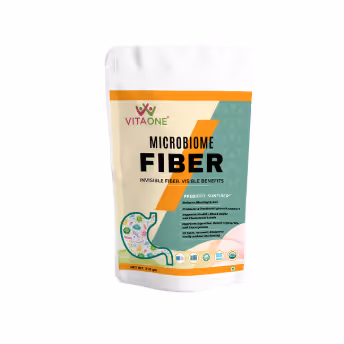 210-gm resealable pouch of Microbiome Fiber featuring its benefits and unique features.