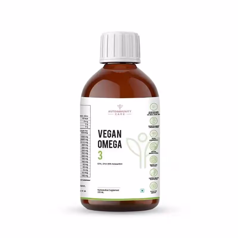 250 ml bottle of Vegan Omega-3 Supplement featuring its benefits.
