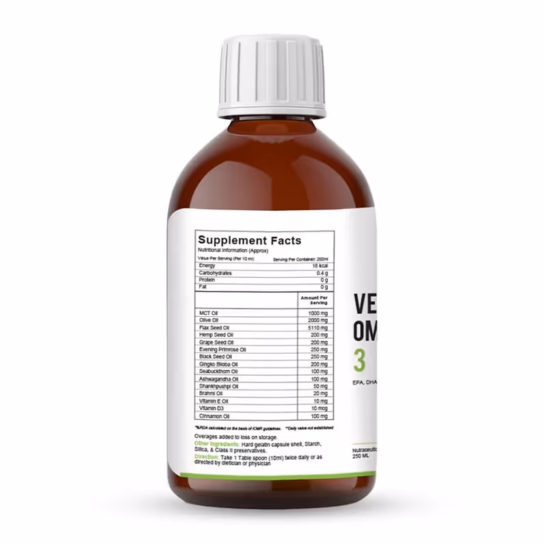 The back cover of Vegan Omega-3 Supplement enlisting the ingredients.