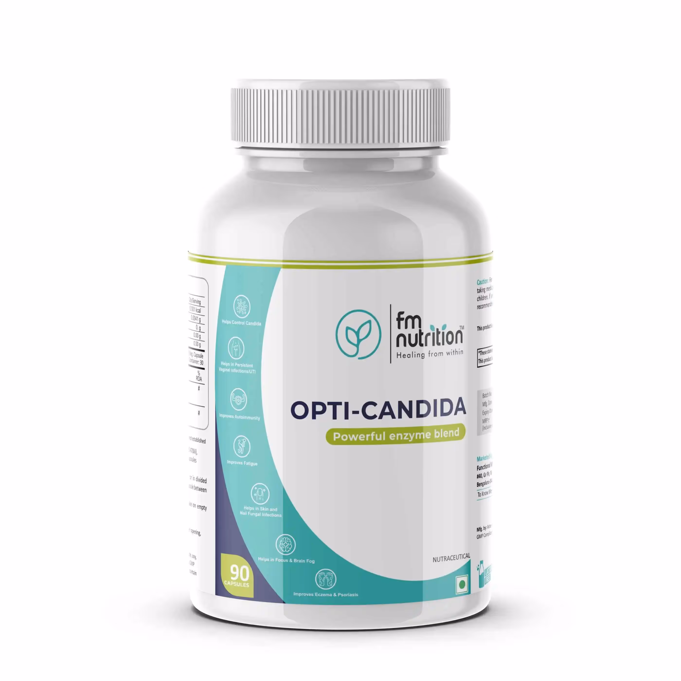 The box of FM Nutrition Opti-Candida Capsules featuring its benefits.